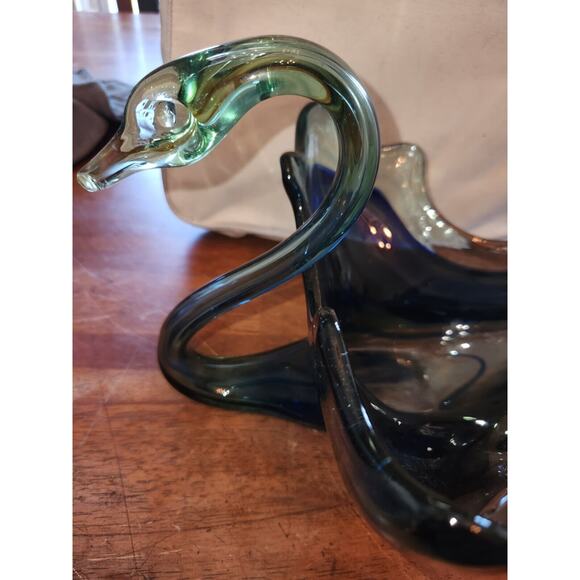Swan Swirl Bowl/Dish Centerpiece Vintage Blue/Orange Art Glass Large - Picture 3 of 11